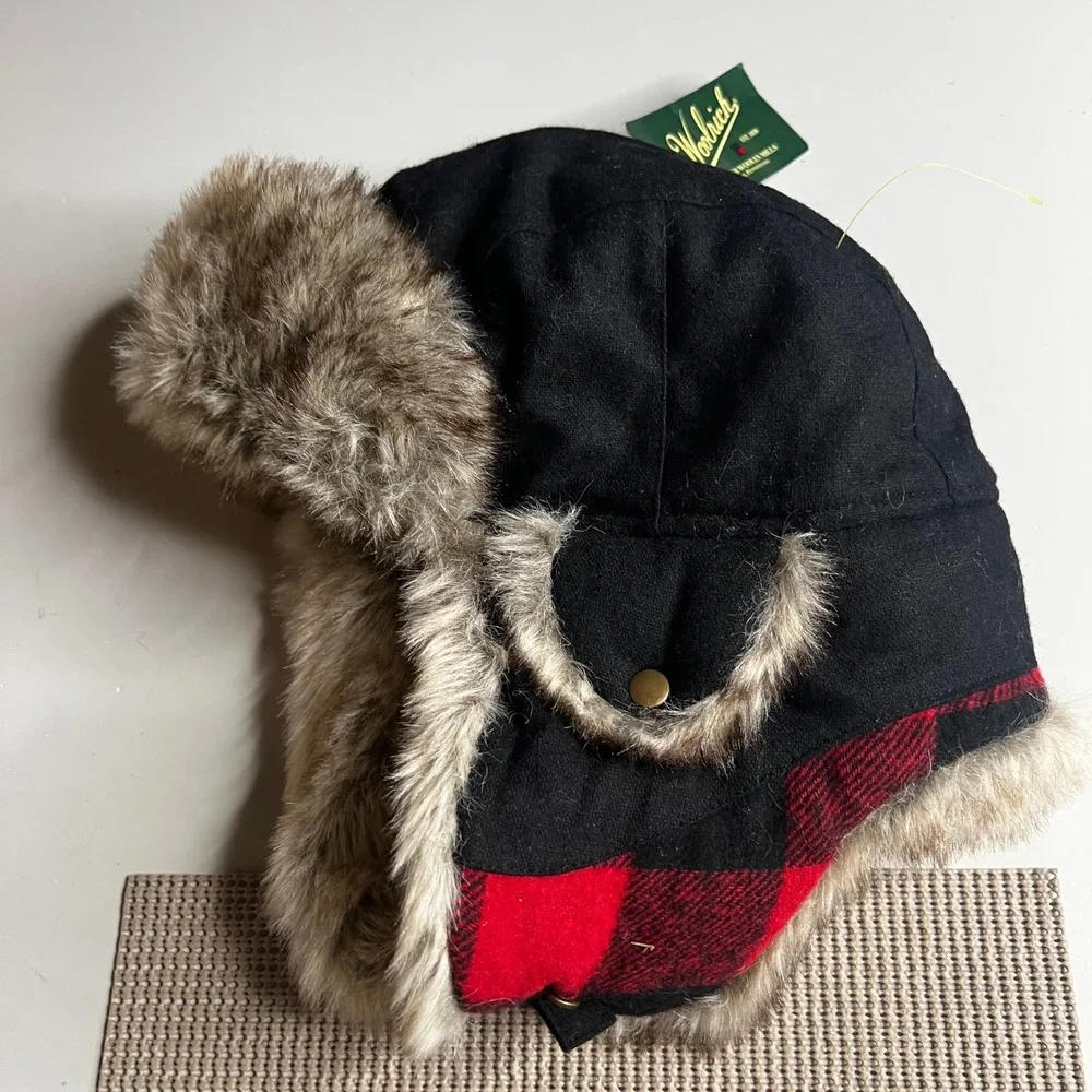 Woolrich Trapper Hat Black Red Buffalo Plaid Faux Fur Ear Flap W6006-RED NWT